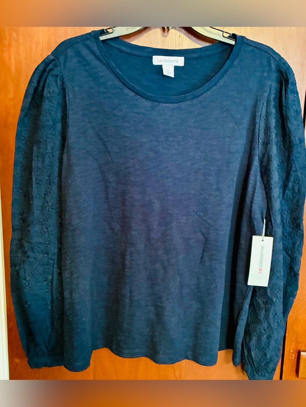 Liz Claiborne Navy Blue Long Sleeve Top with Lace Sleeves